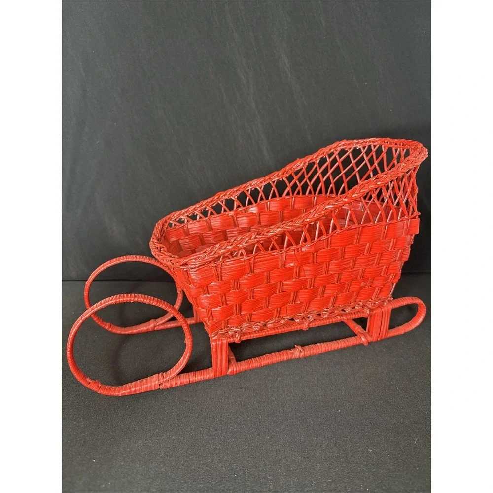 Red Wicker Sleigh Woven‎ Christmas Basket, 13x4x7.5